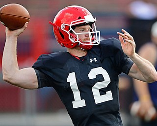 AUSTINTOWN, OHIO - AUGUST 11, 2018: Youngstown State's Montgomery VanGorder throws a pass during the teams practice, Saturday morning at Austintown Fitch High School. He would score on the play. DAVID DERMER | THE VINDICATOR