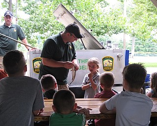 Neighbors | Jessica Harker.ODNR presenters called up a volunteer to discuss the types of fish that live in Ohio at the annual Adventure Camp in Boardman Park on Aug. 7.