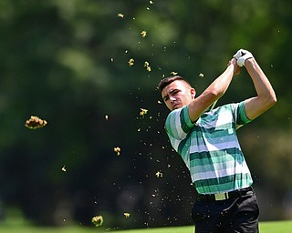 HOWLAND, OHIO - AUGUST 18, 2018: Dan Diloreto of Struthers watches his approach shot on the 12th hole, Saturday afternoon during the Vindy Greatest Golfer at Avalon Lakes. DAVID DERMER | THE VINDICATOR