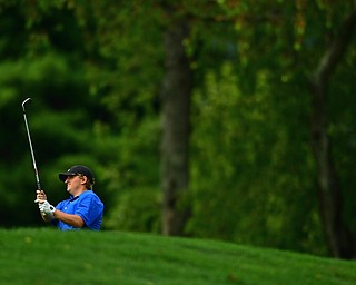 POLAND, OHIO - AUGUST 19, 2018: Paul J. Harris, of Canfield, watches his approach shot on the 18th hole during the final round of the Vindy Greatest Golfer, Sunday afternoon at the Lake Club. DAVID DERMER | THE VINDICATOR