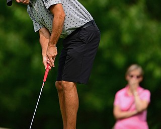 POLAND, OHIO - AUGUST 19, 2018: Scott Porter, of Canfield, watches his putt on the fifth hole during the final round of the Vindy Greatest Golfer, Sunday afternoon at the Lake Club. DAVID DERMER | THE VINDICATOR