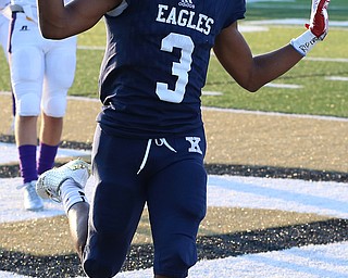 WAREEN, OHIO -August 25, 2018: CHAMPION FLASHES vs JOHN. F. KENNEDY EAGLES at Mollenkopf Stadium, Warren, OH-  JFK Eagles' Cameron Hollobaugh (3) celebrates his td catch during the 1st qtr.  MICHAEL G. TAYLOR | THE VINDICATOR