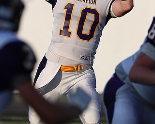 WAREEN, OHIO -August 25, 2018: CHAMPION FLASHES vs JOHN. F. KENNEDY EAGLES at Mollenkopf Stadium, Warren, OH-  Champion Flashes' qb Nick Stahlman (10) throws for a 1st down during the 1st qtr.  MICHAEL G. TAYLOR | THE VINDICATOR