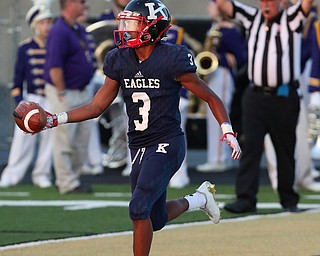 WAREEN, OHIO -August 25, 2018: CHAMPION FLASHES vs JOHN. F. KENNEDY EAGLES at Mollenkopf Stadium, Warren, OH-  JFK Eagles' Savone Williamson (3) celebrates his td catch during the 2nd qtr.  MICHAEL G. TAYLOR | THE VINDICATOR