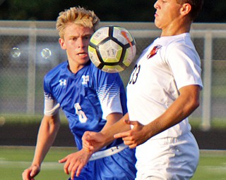 William D. Lewis The Vindicator Howland's Gabe Altawil(33) ) and Poland'sMason Matiste(6) go for the ball during 8-28-18 action at Poland.