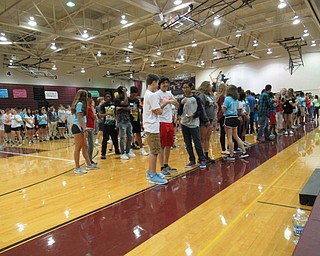 Neighbors | Jessica Harker .Freshman lined up with their Link Leaders in one of the many ice breaker games played during freshman orientation on Aug. 22 at Boardman High School.