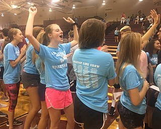 Neighbors | Submitted.Link Crew member Isabella Nordquist cheered as new freshmen walk through a tunnel of high fives.