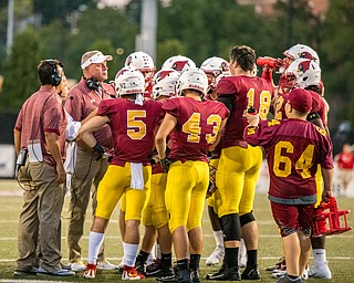 DIANNA OATRIDGE | THE VINDICATORÊ The Cardinal Mooney football team congregate during a time out in their game against Akron Hoban on Friday night at Stambaugh Stadium.