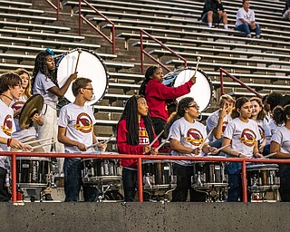 DIANNA OATRIDGE | THE VINDICATORÊ The drumline from the Cardinal Mooney band plays a cadence during the Cardinals' game versus Akron Hoban at Stambaugh Stadium in Youngstown on Friday night..