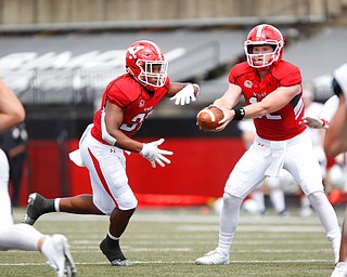 YSU's Montgomery VanGorder passes the ball off to Tevin McCaster during the first half of the game on Saturday.