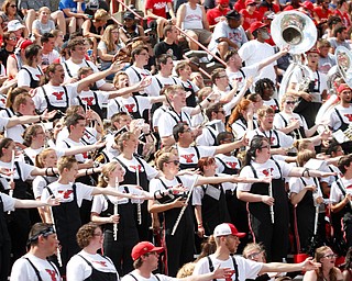 YSU's marching band cheers during the football game against Butler on Saturday.