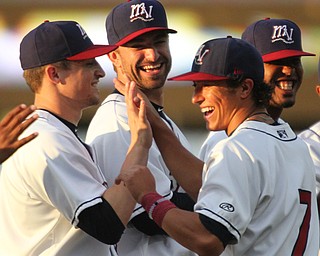 William D. Lewis The Vindicator  Scrappers Tyler Freeman with teammates before 9-6-18 game.