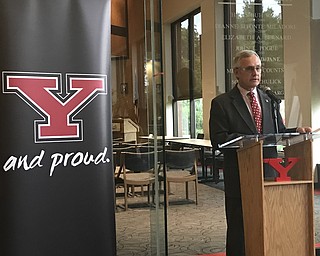 Youngstown State University President Jim Tressel discusses the Cafaro family's donation of $1.5 million to the university's “We See Tomorrow” campaign to fund the construction of the new Cafaro Family Field intramural complex on the north side of campus.