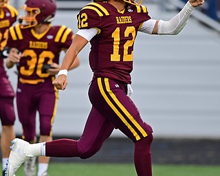 NORGH LIMA, OHIO - SEPTEMBER 7, 2018: South Range's Isaac Allegretto celebrates after throwing a touchdown pass to Jacob Gehring during the first half fo their game, Friday night at South Range High School. DAVID DERMER | THE VINDICATOR