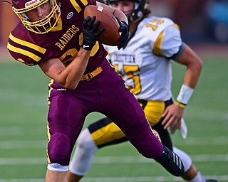 NORGH LIMA, OHIO - SEPTEMBER 7, 2018: South Range's Josh Stear catches a pass after getting behind Crestview's Stephen Barr during the first half fo their game, Friday night at South Range High School. DAVID DERMER | THE VINDICATOR