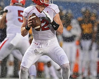 MORGANTOWN, WEST VIRGINIA - SEPTEMBER 8, 2018: Youngstown State's Montgomery VanGorder looks downfield to pass during the first half of their game, Saturday night. DAVID DERMER | THE VINDICATOR