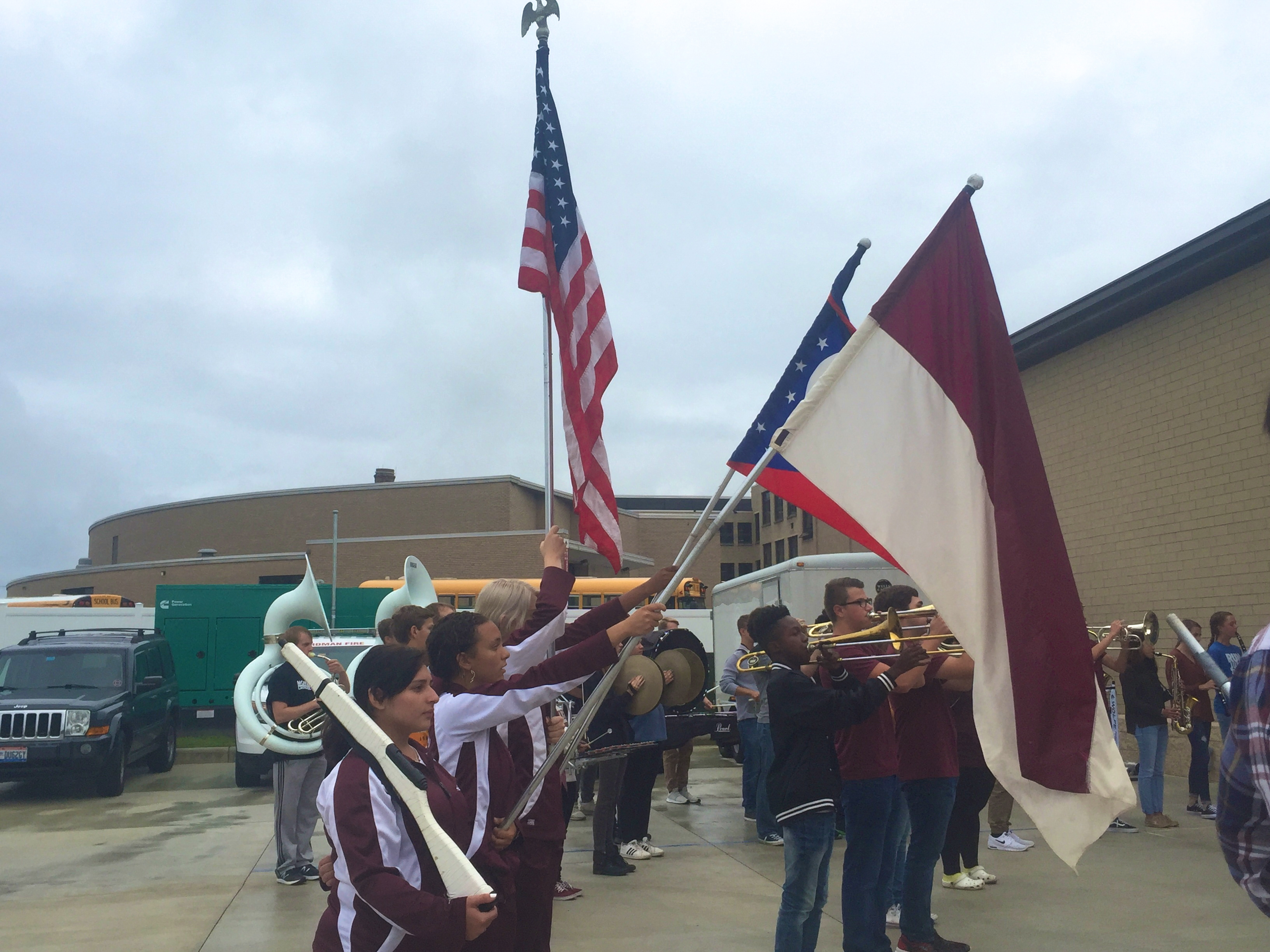 The  band plays as Stadium Drive Elementary School students gathered this morning at the new Boardman fire station to plant a tree in honor of Patriot Day.