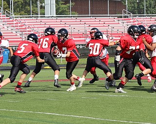 Neighbors | Submitted.Canfield Village Middle School seventh-grader Paul Bindas (7) handed the ball to Danny Inglis (5) behind the blocks of Alex Hewko (76), AJ Grohovsky (50) and Vince Luce (73).