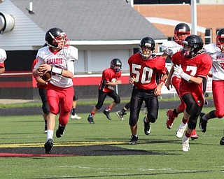 Neighbors | Submitted.Canfiled Village Middle School seventh-grade football players Paul Bindas (7) and AJ Grohovsky (50) are pictured pursuing the Alliance quaterback.