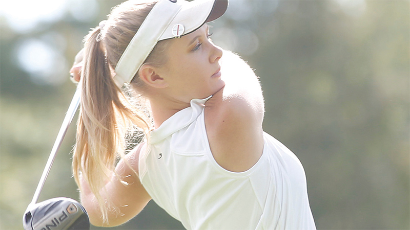 Poland’s Jenna Jacobson drives the ball during Division I play at the 3rd annual Christine Terlesky Lake Club Girls High School Golf Invitational on Sunday in Poland. The team took second place, with Jacobson finishing in third in individual play.