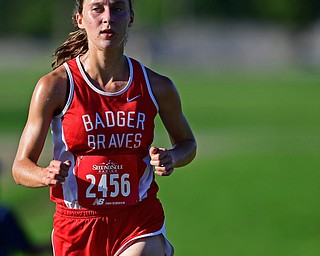 CANFIELD, OHIO - SEPTEMBER 19, 2018: Badger's Miranda Stanhope runs to the finish line during the 2018 Suburban Cross Country meet, Wednesday afternoon at the Canfield Fairgrounds. DAVID DERMER | THE VINDICATOR