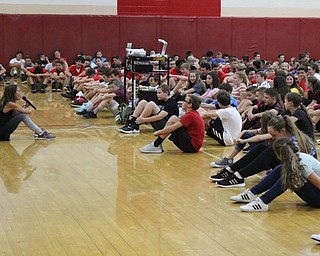 Neighbors | Abby Slanker.Shannon Galvin demonstrated several techniques for students to achieve mindfulness during her visit to Canfield Village Middle School on Aug. 28. Galvin is a certified advanced yoga teacher with a degree in Occupational Therapy.