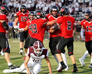 Canfield's Max Dawson, center, celebrates with his teammates after scoring a touchdown during the first half of their game against Boardman at Canfield on Friday. EMILY MATTHEWS | THE VINDICATOR