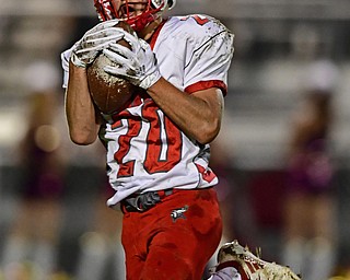 LIBERTY, OHIO - SEPTEMBER 28, 2018: LaBrae's Benton Tennant catches a pass in stride during the first half of their game, Friday night at Liberty High School. Tennant would score a touchdown on the play. DAVID DERMER | THE VINDICATOR