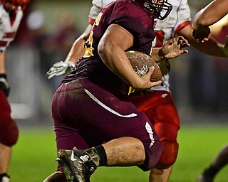 LIBERTY, OHIO - SEPTEMBER 28, 2018: Liberty's Simi Moananu runs with the football after a interception during the first half of their game, Friday night at Liberty High School. DAVID DERMER | THE VINDICATOR