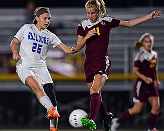 NORTH LIMA, OHIO - OCTOBER 1, 2018: Poland's Molly Malmer has her shot deflected by South Range's Harley Novak during the second half of their game, Monday night at South Range High School. DAVID DERMER | THE VINDICATOR...Poland's Malmer was only #26 on either the JV or Varsity roster.