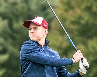 DIANNA OATRIDGE | THE VINDICATOR  Cardinal Mooney's David Varley watches his tee shot on Hole No. 6 at the Division II District Tournament at Windmill Lakes Golf Course in Ravenna on Tuesday.