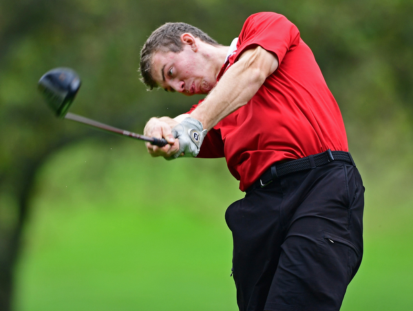 ALLIANCE, OHIO - OCTOBER 4, 2018: Nate Whitehead of Columbiana watches his tee shot on the 18th hole during the Division 3 district tournament at Tannenhauf Golf Club, Thursday afternoon. DAVID DERMER | THE VINDICATOR