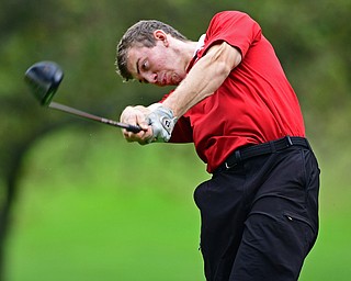 ALLIANCE, OHIO - OCTOBER 4, 2018: Nate Whitehead of Columbiana watches his tee shot on the 18th hole during the Division 3 district tournament at Tannenhauf Golf Club, Thursday afternoon. DAVID DERMER | THE VINDICATOR