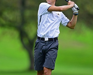 ALLIANCE, OHIO - OCTOBER 4, 2018: Ethan Domitrovich watches his tee shot on the 18th hole during the Division 3 district tournament at Tannenhauf Golf Club, Thursday afternoon. DAVID DERMER | THE VINDICATOR