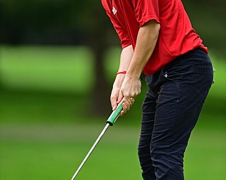 ALLIANCE, OHIO - OCTOBER 4, 2018: Tyler Andersen of Columbiana watches his putt on the 17th hole during the Division 3 district tournament at Tannenhauf Golf Club, Thursday afternoon. DAVID DERMER | THE VINDICATOR