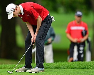 ALLIANCE, OHIO - OCTOBER 4, 2018: Seth Ross of Columbiana reacts after missing a putt on the 17th hole during the Division 3 district tournament at Tannenhauf Golf Club, Thursday afternoon. DAVID DERMER | THE VINDICATOR