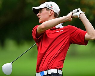 ALLIANCE, OHIO - OCTOBER 4, 2018: Seth Ross of Columbiana watches his tee shot on the 18th hole during the Division 3 district tournament at Tannenhauf Golf Club, Thursday afternoon. DAVID DERMER | THE VINDICATOR