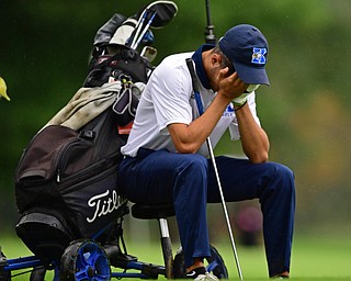 ALLIANCE, OHIO - OCTOBER 4, 2018: Jimmy Graham of JFK reacts before teeing off on the eighth hole during the Division 3 district tournament at Tannenhauf Golf Club, Thursday afternoon. DAVID DERMER | THE VINDICATOR