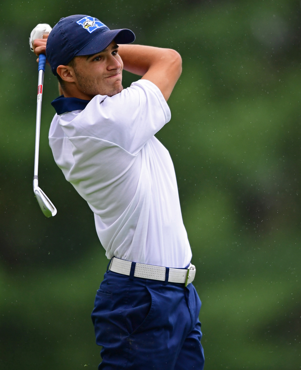 ALLIANCE, OHIO - OCTOBER 4, 2018: Jimmy Graham of JFK watches his tee shot on the eighth hole during the Division 3 district tournament at Tannenhauf Golf Club, Thursday afternoon. DAVID DERMER | THE VINDICATOR