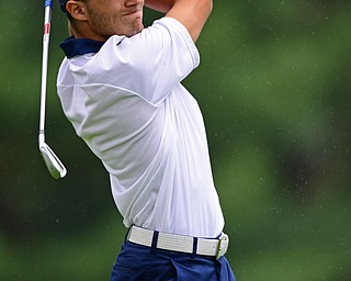 ALLIANCE, OHIO - OCTOBER 4, 2018: Jimmy Graham of JFK watches his tee shot on the eighth hole during the Division 3 district tournament at Tannenhauf Golf Club, Thursday afternoon. DAVID DERMER | THE VINDICATOR