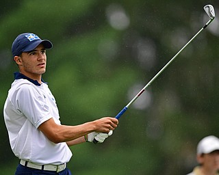 ALLIANCE, OHIO - OCTOBER 4, 2018: Jimmy Graham of JFK watches his tee shot on the eighth hole during the Division 3 district tournament at Tannenhauf Golf Club, Thursday afternoon. DAVID DERMER | THE VINDICATOR