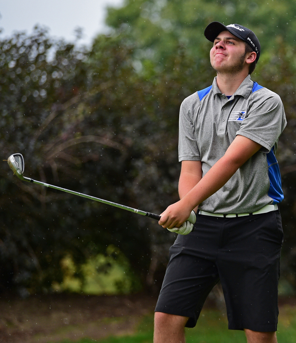 ALLIANCE, OHIO - OCTOBER 4, 2018: Austin Craig from Lisbon watches his tee shot on the fourth hole during the Division 3 district tournament at Tannenhauf Golf Club, Thursday afternoon. DAVID DERMER | THE VINDICATOR