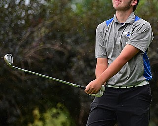 ALLIANCE, OHIO - OCTOBER 4, 2018: Austin Craig from Lisbon watches his tee shot on the fourth hole during the Division 3 district tournament at Tannenhauf Golf Club, Thursday afternoon. DAVID DERMER | THE VINDICATOR