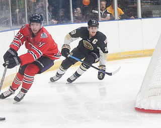 Youngstown's John Larkin takes the puck behind the net while Muskegon's Nolan Sullivan trails him during their game at Covelli Centre on Friday night. EMILY MATTHEWS | THE VINDICATOR