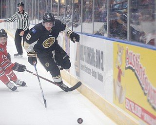 Muskegon's Nash Nienhuis and Youngstown's Ben Schoen go after the puck during their game at Covelli Centre on Friday night. EMILY MATTHEWS | THE VINDICATOR