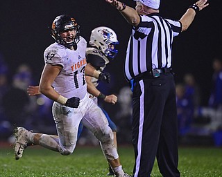 BERLIN CENTER, OHIO - OCTOBER 5, 2018: Springfield's Shane Eynon celebrates after deflecting a pass from Western Reserve's Ryan Slaven during the second half of their game, Friday night at Western Reserve High School. DAVID DERMER | THE VINDICATOR