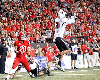 Southern Illinois's Jeremy Chinn intercepts the ball from YSU during the first half of their game at Stambaugh Stadium on Saturday. EMILY MATTHEWS | THE VINDICATOR