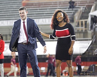 Brent Skall and Shauntiaonia Johnson react as they find out they have been named the 2018 homecoming king and queen on Saturday. EMILY MATTHEWS | THE VINDICATOR