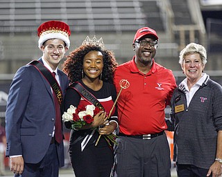 Brent Skall and Shauntiaonia Johnson, the 2018 homecoming king and queen, pose for a photo with first lady Ellen Tressel and Vice President for Student Affairs Eddie Howard on Saturday. EMILY MATTHEWS | THE VINDICATOR