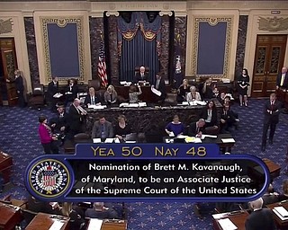 Brett Kavanaugh was sworn in as a Supreme Court justice Saturday night after the bitterly polarized U.S. Senate narrowly confirmed him. Kavanaugh was quickly sworn in at the court building, across the street from the Capitol, even as protesters chanted outside.
